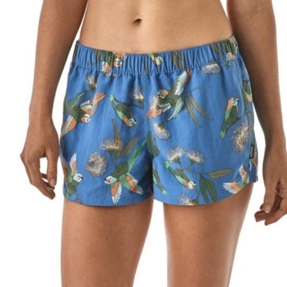 Patagonia Baggies Style Shorts Womens Blue Tropical Bird Floral Print Size Small